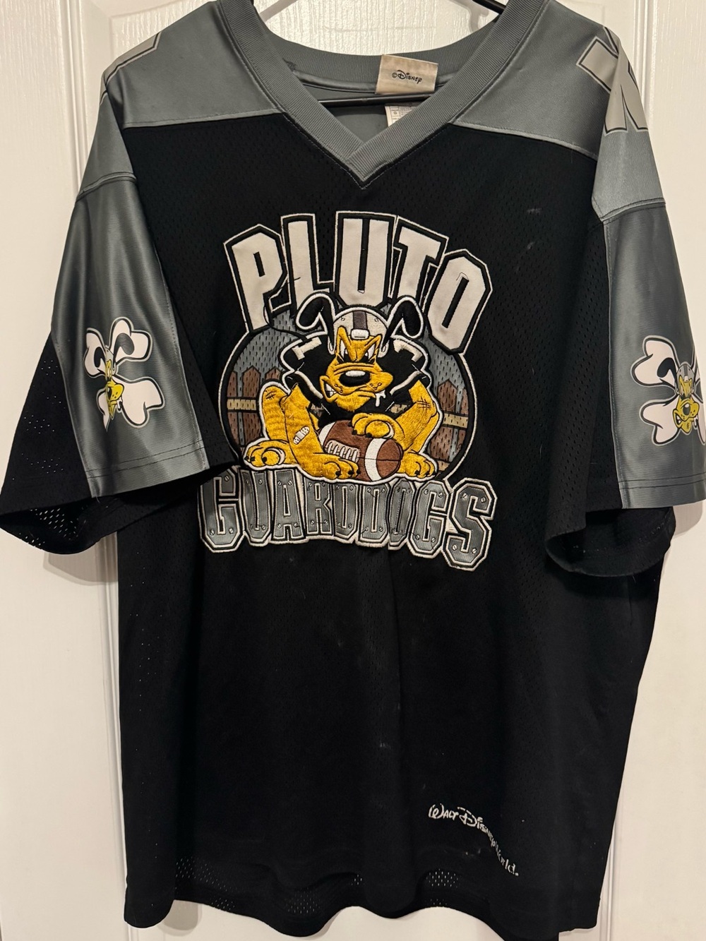 Vintage 1990’s Disney Pluto Guard Dogs Black & Gray Football Sports Jersey Large